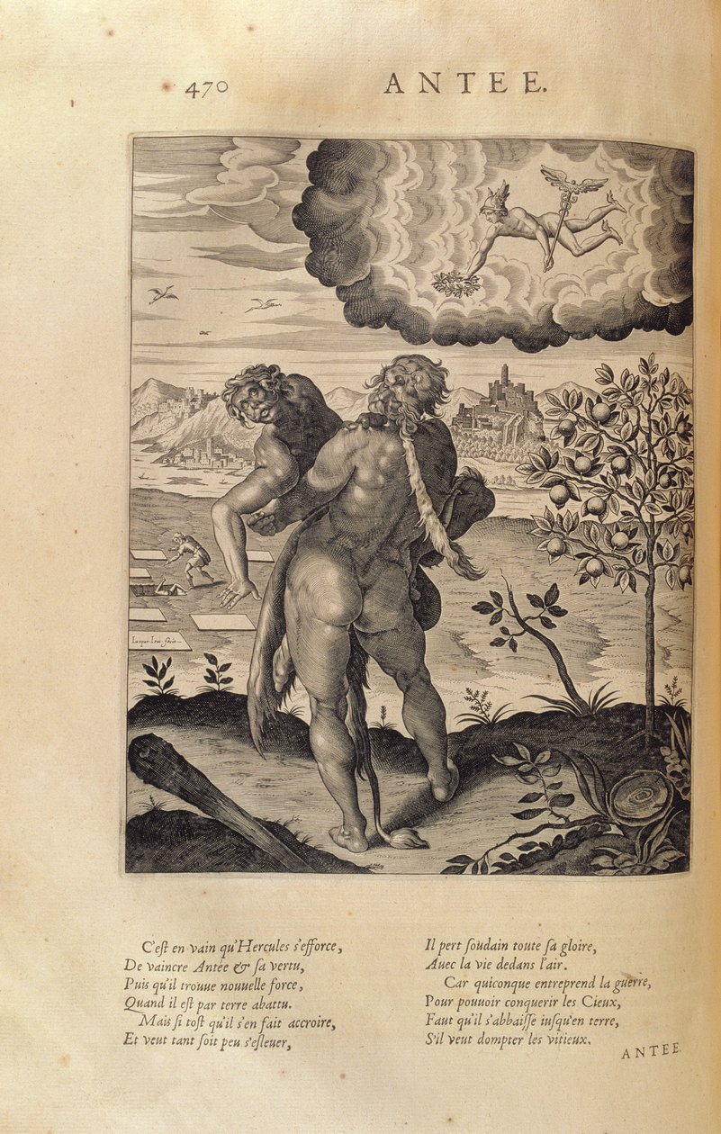 Hercules som dödar Antaeus, från "Les Images ou Tableaux de Platte Peinture des Deux Philostrates Sophistes Grecs", av Blaise de Vigenere (1523-96) Paris, 1615 av Leonard Gaultier