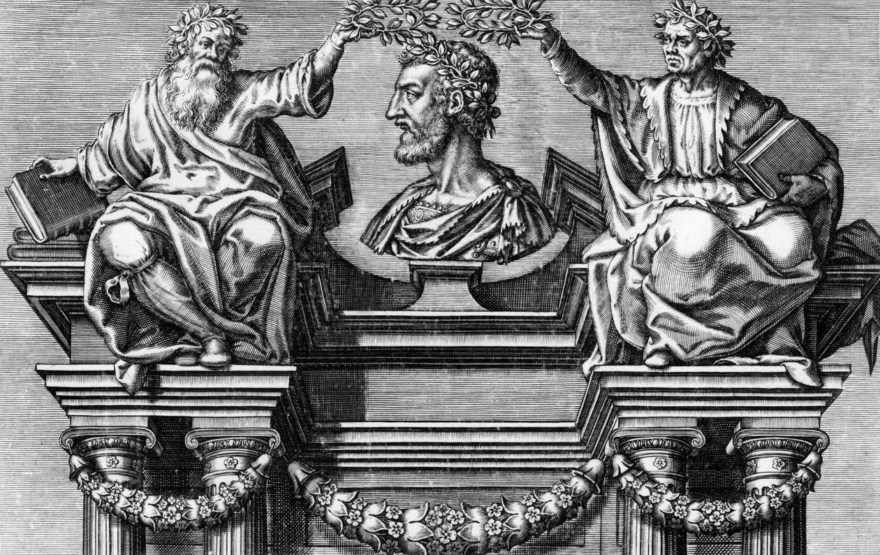 Titelsida "Les Oeuvres de Pierre Ronsard". "Pierre Ronsards verk, Vendomois gentleman, prins av franska poeter." Gravyr av Leonard Gaultier för 1623 års upplaga av Leonard Gaultier
