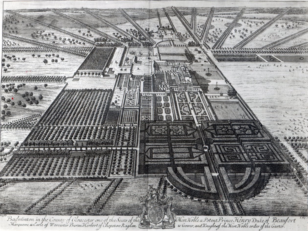 Badminton House i le Itumalo o Gloucester, na vaneina e Johannes Kip swed av Leonard Knyff