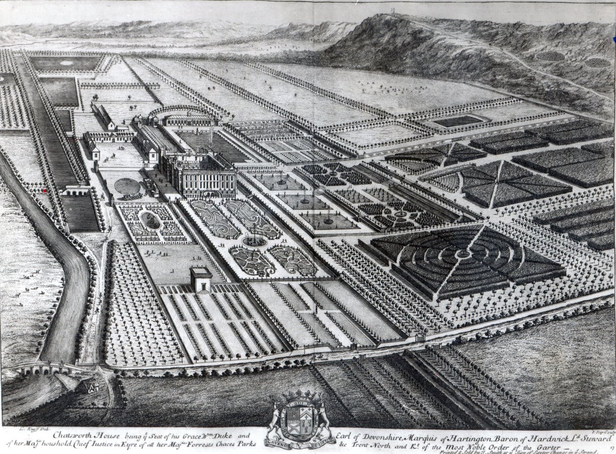 Chatsworth House, graverad av Johannes Kip av Leonard Knyff