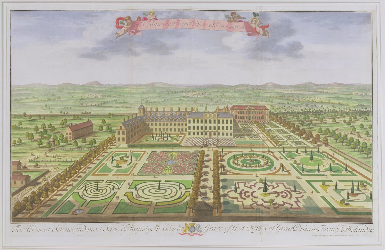 Hennes Majestäts kungliga palats i Kensington, från "Survey of London" graverat av Johannes Kip (ca 1652-1722), 1730 (färggravyr) av Leonard Knyff