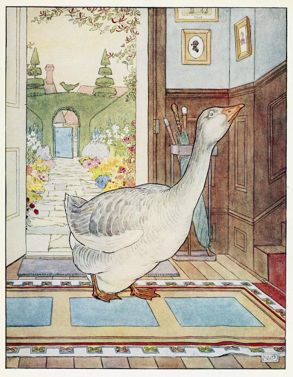 Goosey, Goosey Gander, var ska jag vandra?, från A Nursery Rhyme Picture Book, pub. 1914 (lito i färg) av Leonard Leslie Brooke
