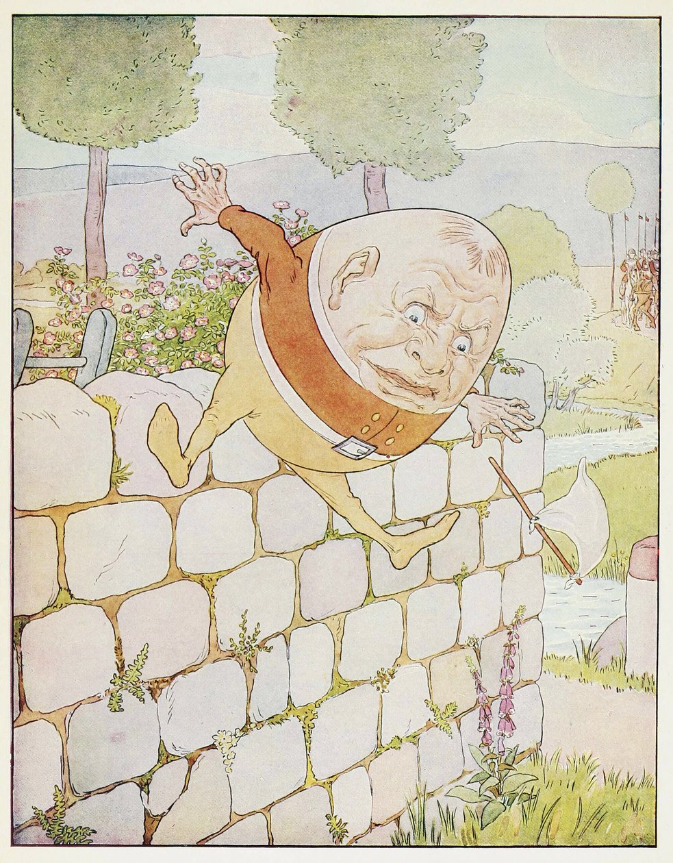 Humpty Dumpty hade en fantastisk höst, från A Nursery Rhyme Picture Book, pub. 1914 (lito i färg) av Leonard Leslie Brooke