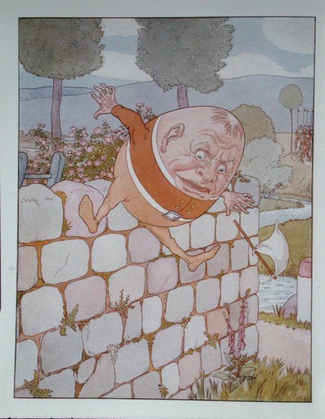 Humpty Dumpty, illustration från "Alice Through the Looking-Glass" av Lewis Carroll (1832-98) publicerad i London av Leonard Leslie Brooke