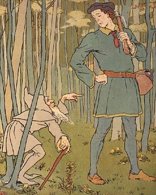 Vi träffade en liten gubbe. Illustration från Guldgåsen av Leonard Leslie Brooke