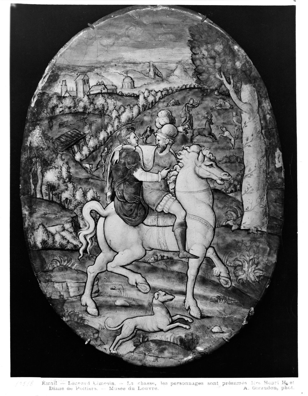 Jakt, porträtt antas vara Henri II (1519-59) och Diane de Poitiers (1499-1566) (emalj) av Leonard Limosin