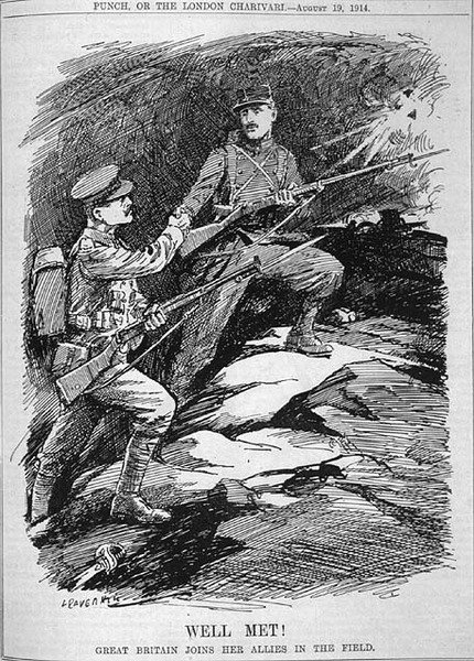 Väl mött! Storbritannien förenar sig med sina allierade på fältet från tidningen "Punch", Vol CXLVII s.161, pub. 19 augusti av Leonard Raven Hill