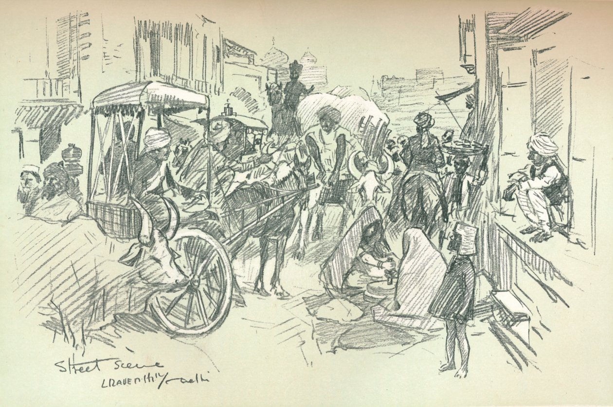 En gatuscen i Delhi, c1903 av Leonard Raven Hill