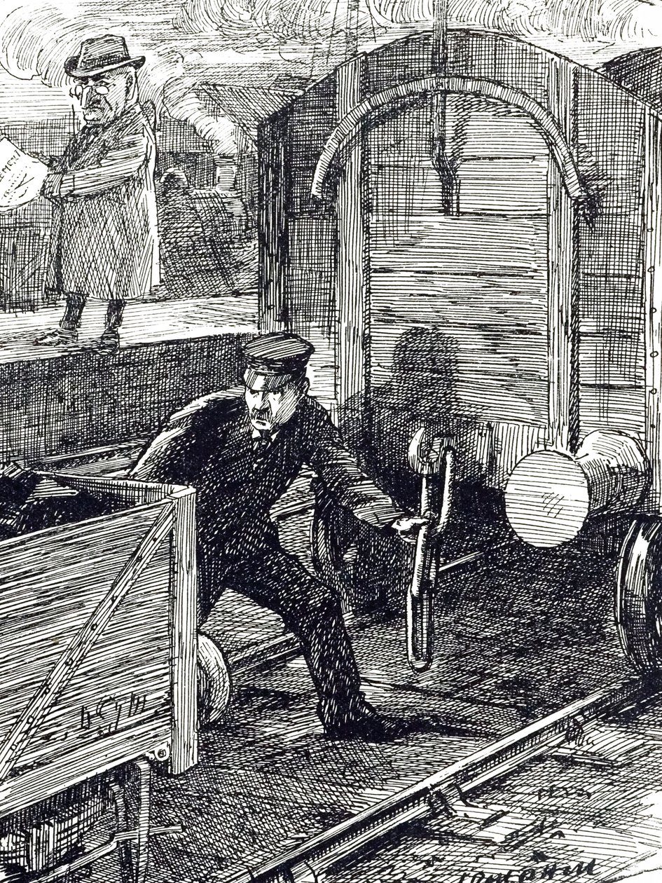 En tecknad serie som kommenterar järnvägsarbetares olyckor. Illustrerad av Leonard Raven-Hill (1867-1942), engelsk konstnär, illustratör och serietecknare, 1900-talet av Leonard Raven Hill