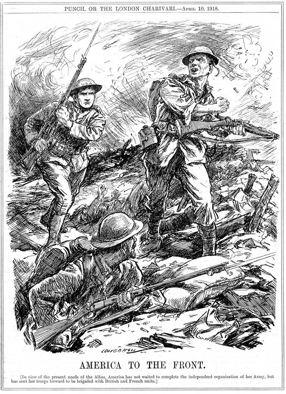 Amerikanska förstärkningar för att hjälpa de allierade trupperna innan den främsta amerikanska armén anlände, första världskriget 1918 av Leonard Raven Hill