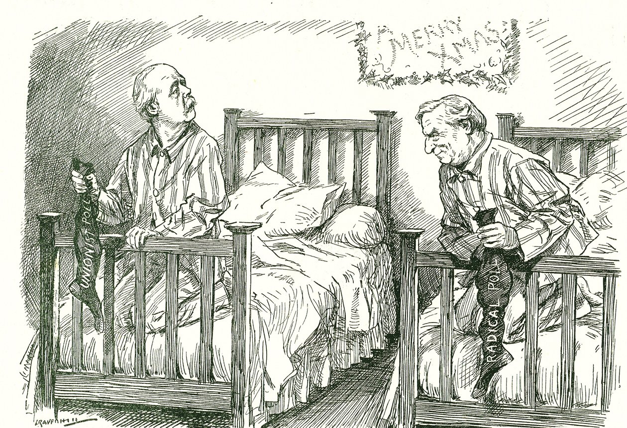 Arthur Balfour, konservativ, och Herbert Asquith, liberal, med sina julstrumpor. I det allmänna valet i december 1910 fick ingen av dem majoritet. Asquith lyckades bilda regering i koalition med Irish National Party. Leonard av Leonard Raven Hill