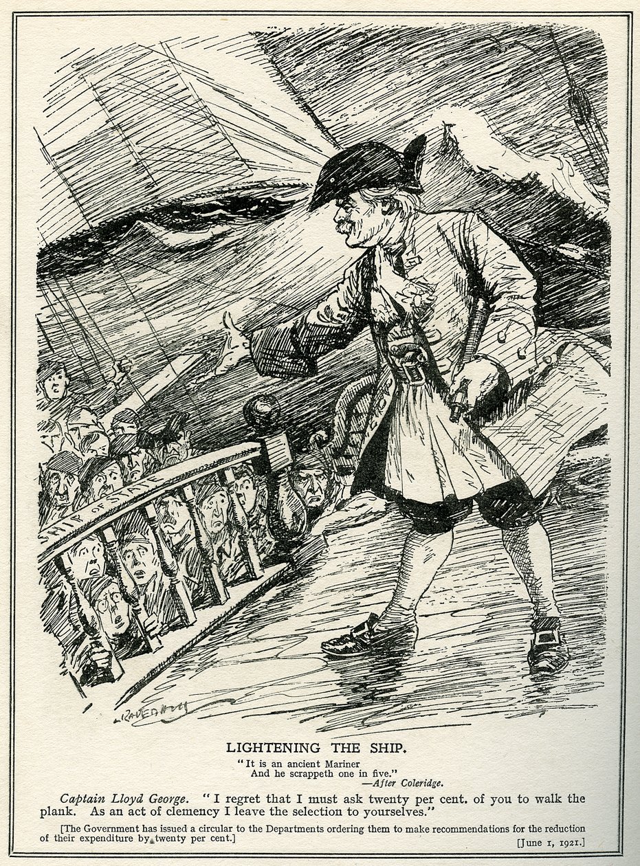 Regeringsdepartement instrueras av Lloyd George att göra nedskärningar i utgifterna med tjugo procent, 1921 av Leonard Raven Hill