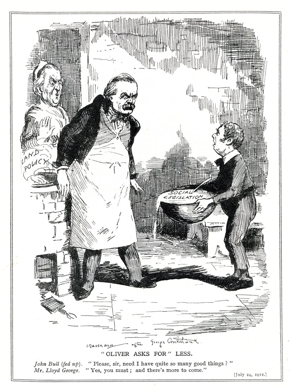 John Bull klagar till Lloyd George att det är för mycket reformer i hans sociallagstiftning och jordpolitiska reformer, 1912 av Leonard Raven Hill