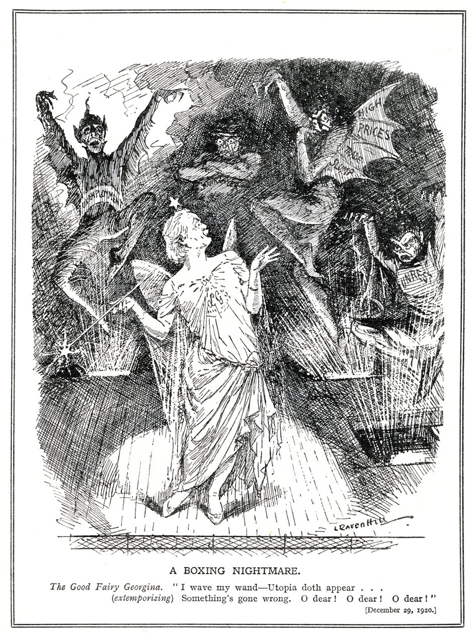 LLoyd George, koalitionsregeringens "goda fe" hoppas kunna förvandla Storbritannien till Utopia men frammanar istället mardrömmen och djävlarna med arbetslöshet, handelsnedgång, höga priser och oroligheter, av Leonard Raven Hill