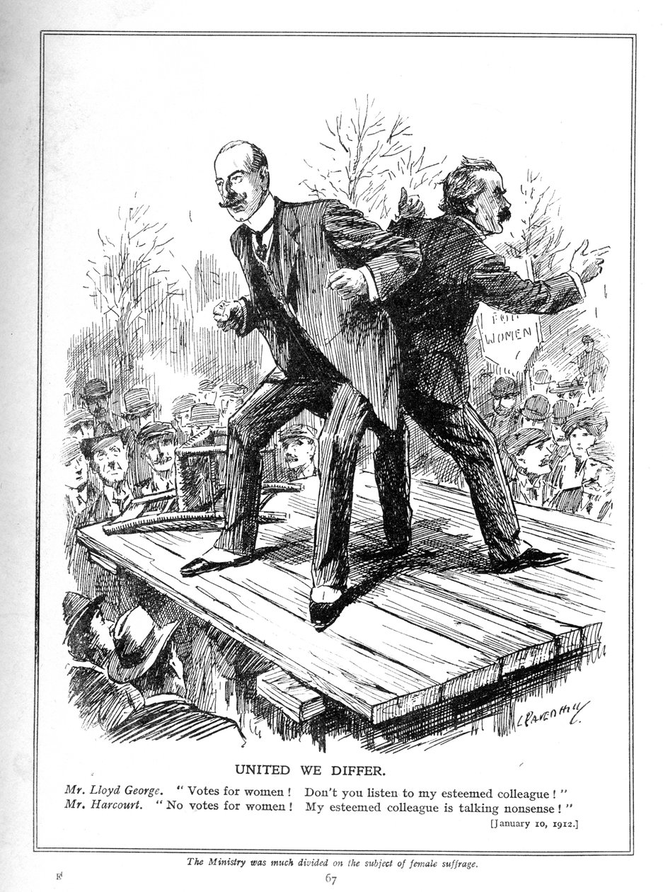 Lloyd George och Harcourt, båda ministrar i den liberala regeringen, är oense om att ge kvinnor rösträtt, 1910 av Leonard Raven Hill