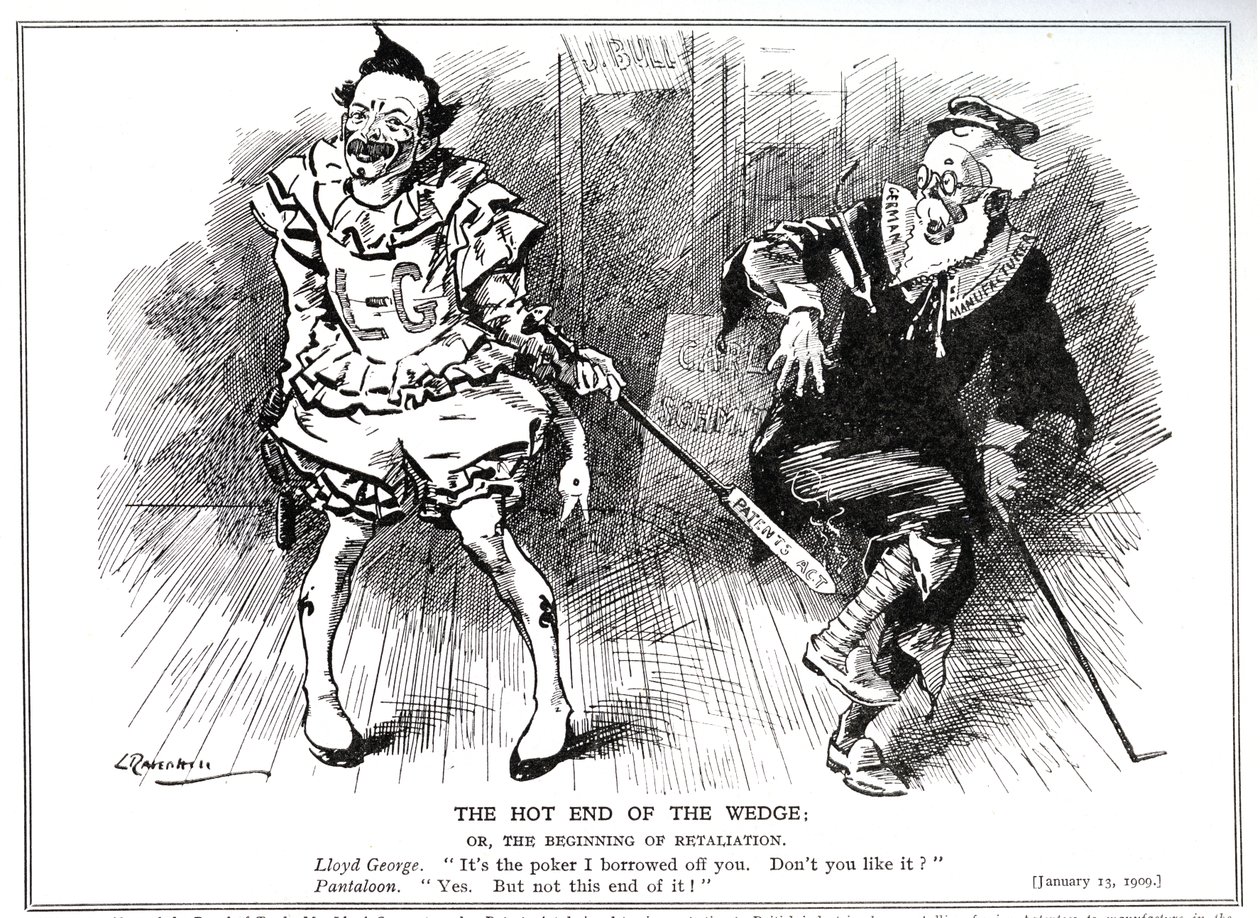 Lloyd George, i egenskap av ordförande för handelsrådet, skyddar den brittiska industrin mot tysk konkurrens genom "Patents and Designs Act" från 1907, 1909. av Leonard Raven Hill