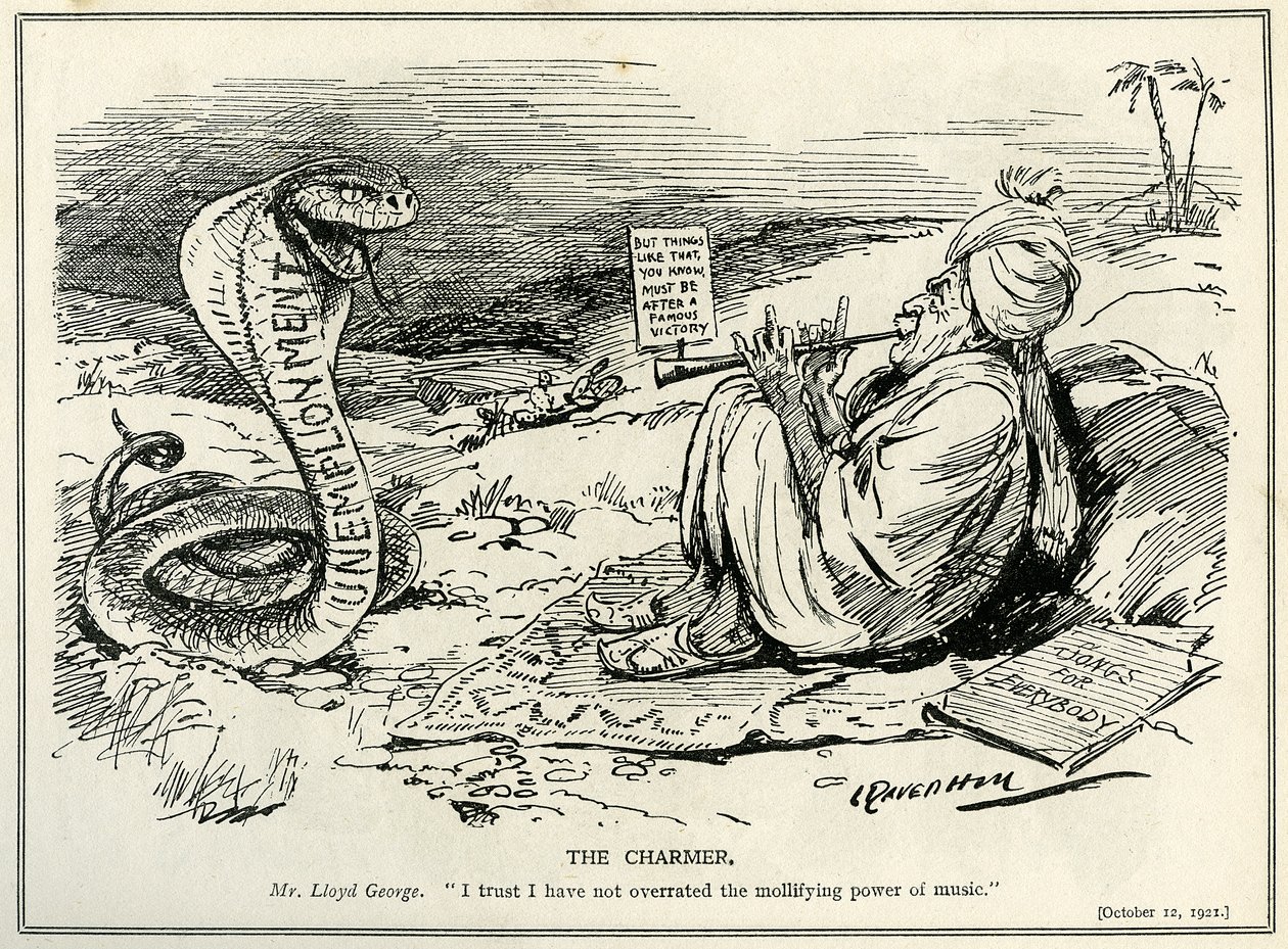 Lloyd George charmade arbetslöshetens orm, 1921 av Leonard Raven Hill
