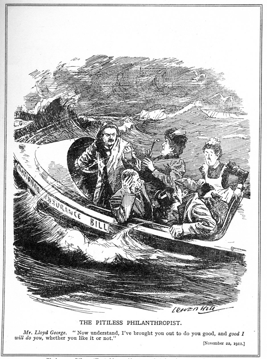 Lloyd George, avbildad som en livbåtsseglare, möter motstånd mot sin National Insurance Act, 1911 av Leonard Raven Hill
