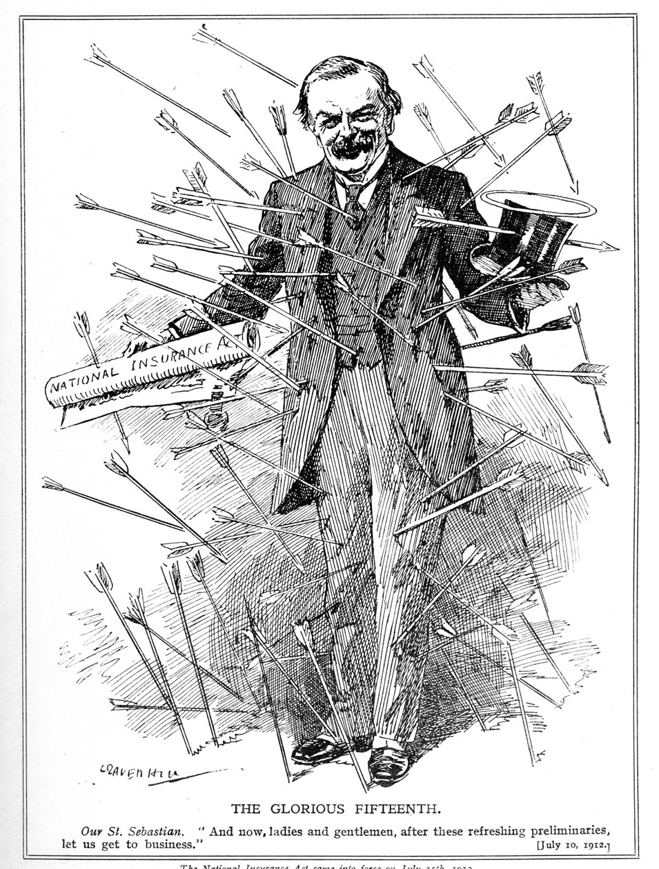 Lloyd George, avbildad som martyren Sankt Sebastian, attackerad för sin National Insurance Act, som trädde i kraft den 15 juli 1912 Insurance Act, 1911 av Leonard Raven Hill
