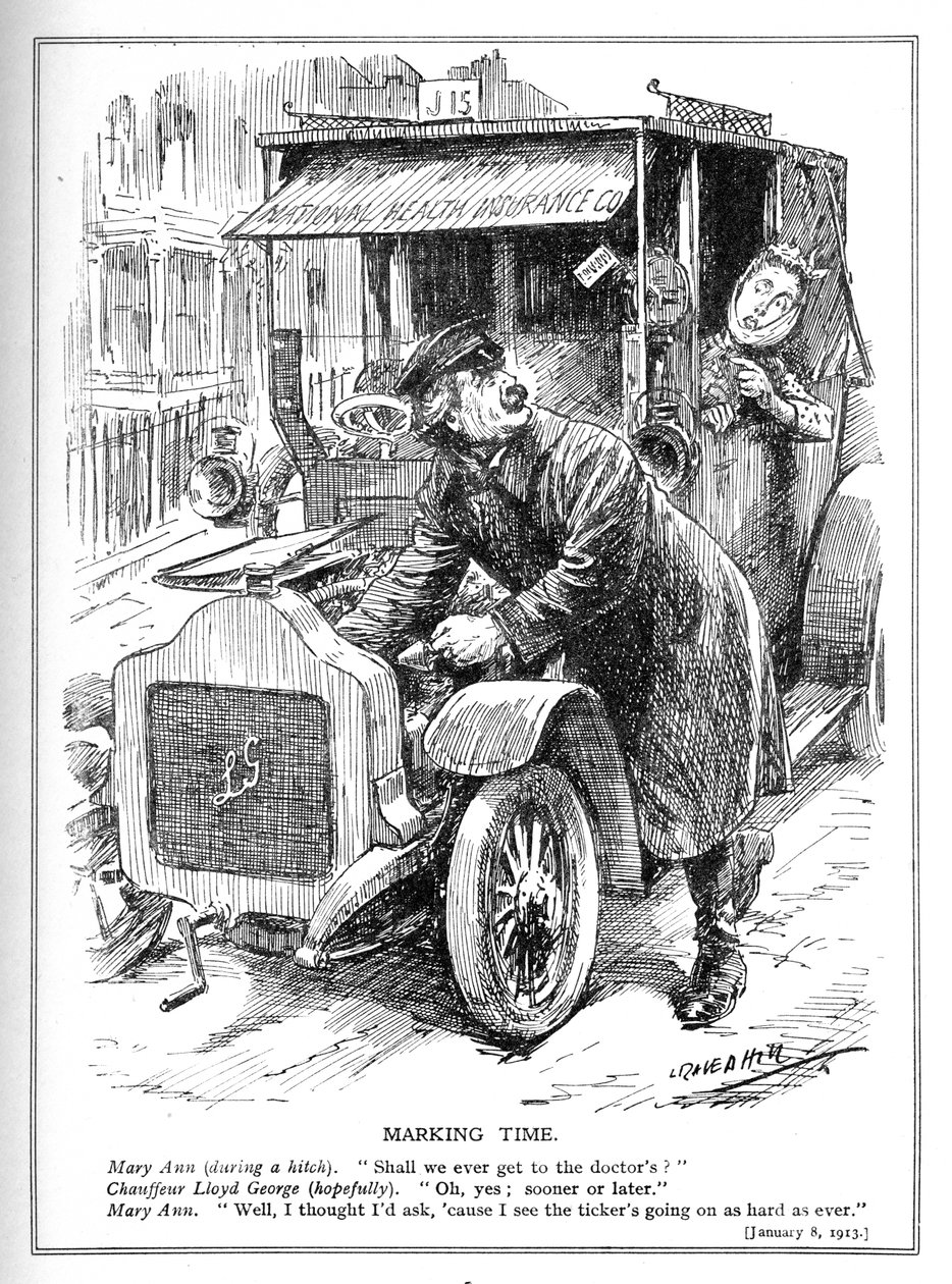 Lloyd George fördröjs när han tar en patient till doktorn i enlighet med sin National Health Insurance Act, 1913. av Leonard Raven Hill