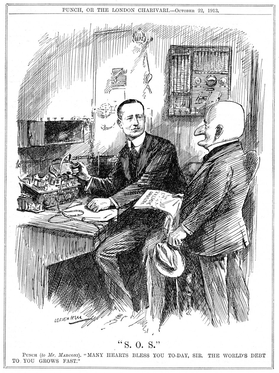 Herr Punch tackade Marconi för trådlös telegrafi som räddade liv till sjöss 1913 av Leonard Raven Hill