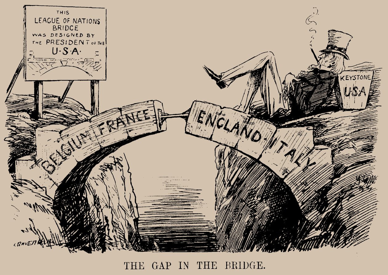 Gap in the Bridge. Tecknad film om USA:s frånvaro i Nationernas Förbund, dec 1919. av Leonard Raven Hill