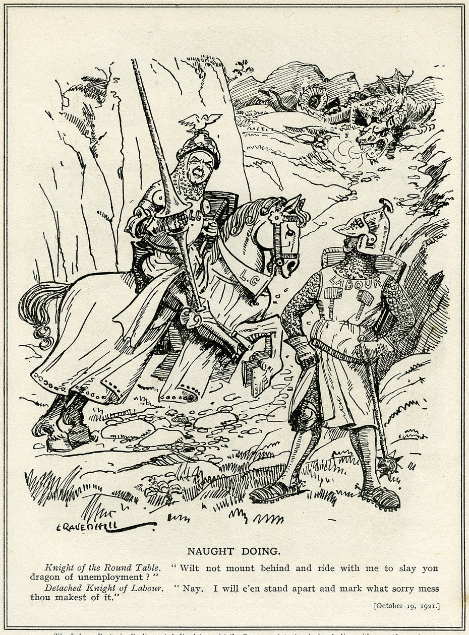 Labourpartiet vägrar att gå med Lloyd George i att döda arbetslöshetens drake, 1921 av Leonard Raven Hill