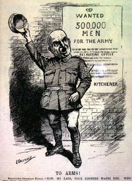 Till vapen! Rekryteringsshergeant Punch: "Nu, mina pojkar, vill ert land ha er. Vem är med på fronten?" från tidningen Punch, Vol CXLVII s.195, pub. 2 september. av Leonard Raven Hill