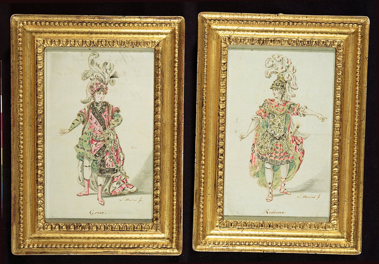 Design för en grekisk och en romersk operakostym, ca 1770 (penna och bläck med wc på papper) av Leonardo Marini