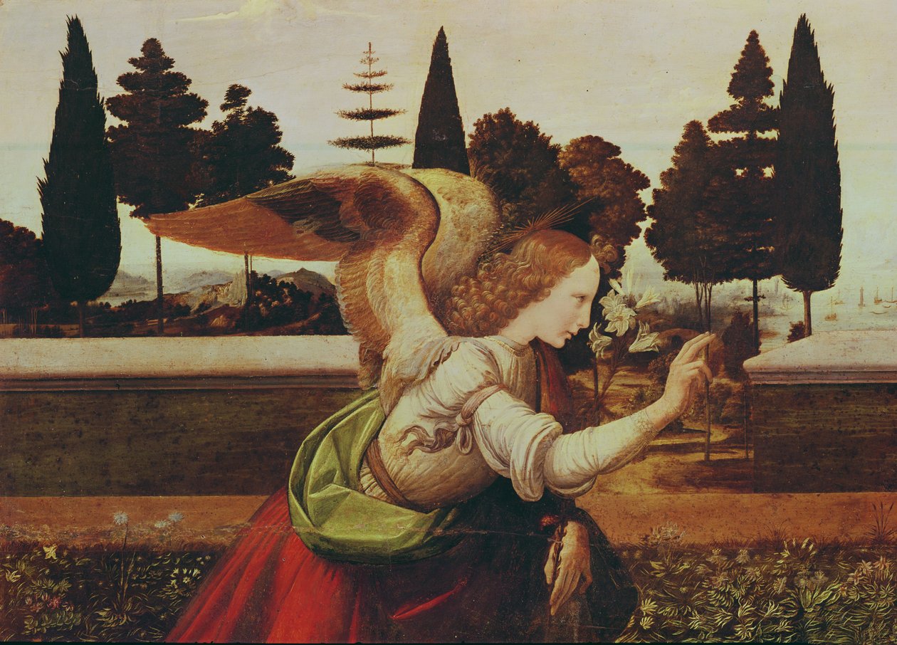 Ängel Gabriel, detalj från tillkännagivandet, 1472-75 (detalj av 140570) av Leonardo da Vinci