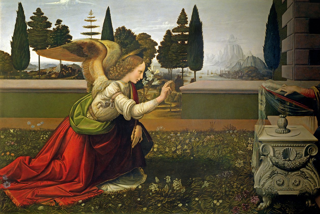 Ängeln Gabriel, från kungörelsen, 1472-75 (detalj) (efter restaurering) av Leonardo da Vinci