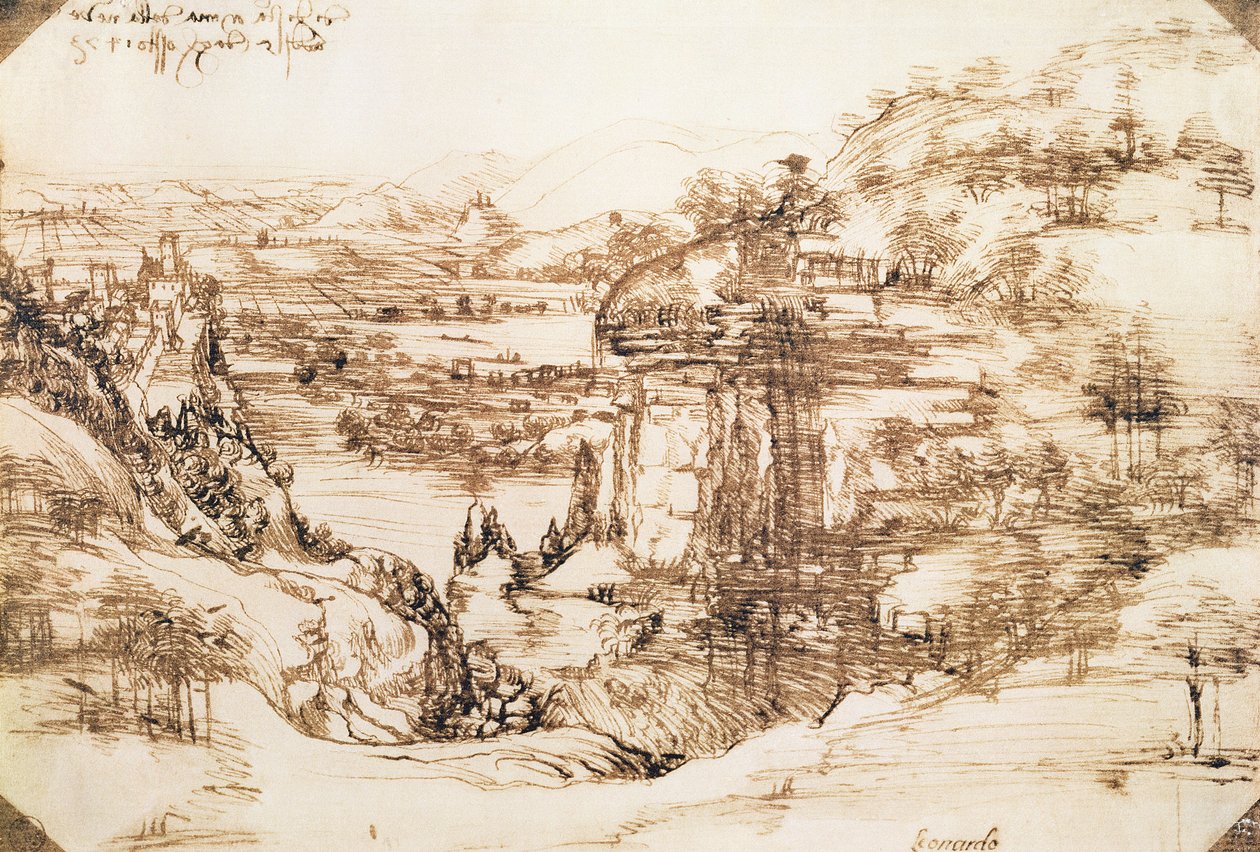 Arno Landscape, 5 augusti 1473 (penna och bläck på papper) av Leonardo da Vinci