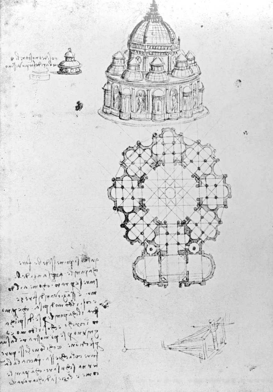 Centraliserad kyrka och sjöfartsteknik, Fol. 5v från Codex Ashburnham (tidigare del av manuskript B (2184), c.1488 av Leonardo da Vinci