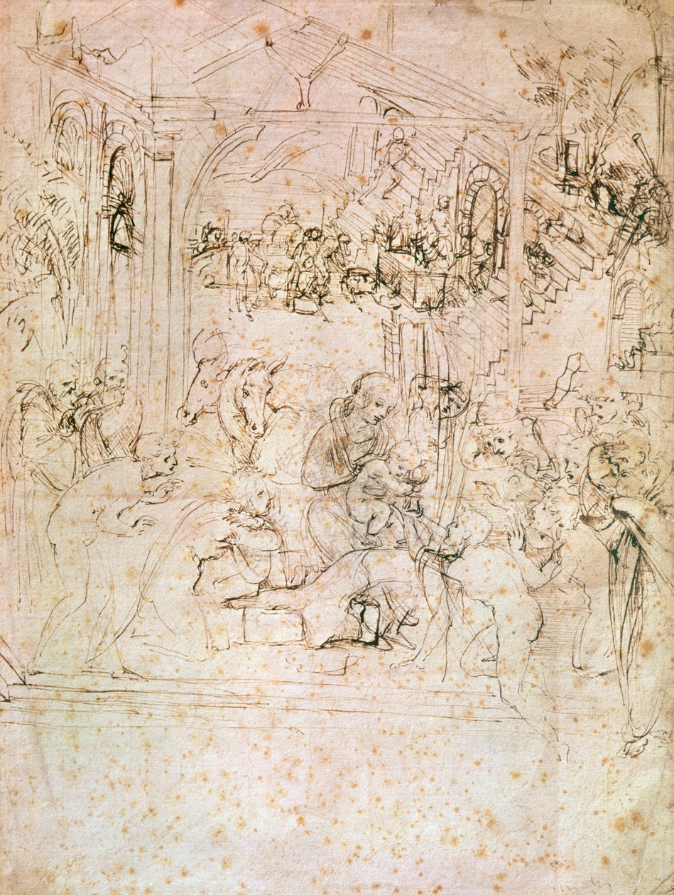 Kompositionsskiss för The Adoration of the Magi, 1481 (penna och bläck på papper) av Leonardo da Vinci