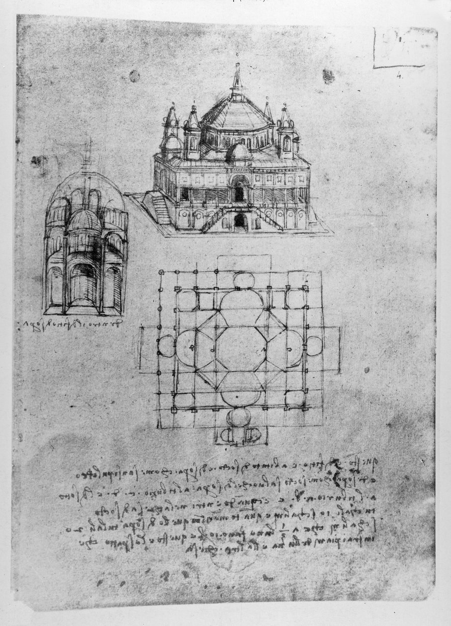 Ritning för en kyrka, fol. 4r av Leonardo da Vinci