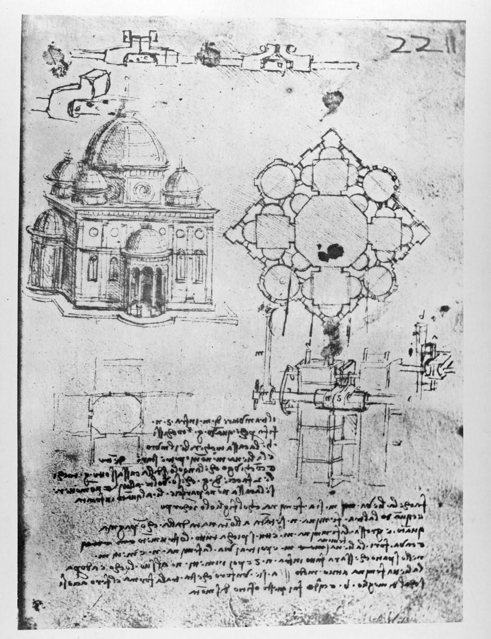 Design för en kyrka, fol. 4r av Leonardo da Vinci