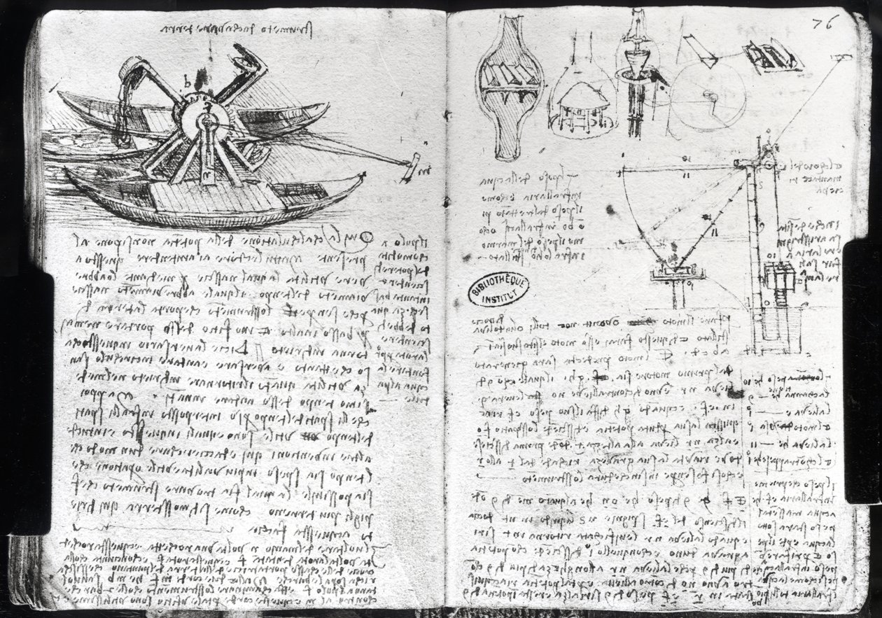 Ritning till en mudderverk och olika hydrauliska maskiner, fol. 75v och 76r från Paris manuskript E, 1513-14 (penna och bläck på papper) av Leonardo da Vinci
