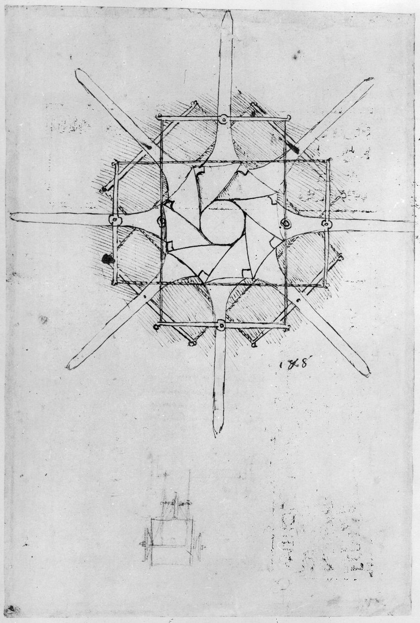 Design för ett hopfällbart Capstan-handtag, Fol. 376v-c (penna och bläck på papper) av Leonardo da Vinci