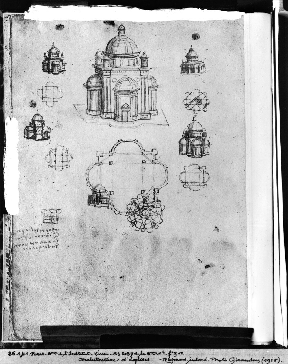 Ritningar till en centralt planerad kyrka, fol. 3v från Codex Ashburnham I och II (tidigare del av handskrift B (2184)), ca 1492. av Leonardo da Vinci