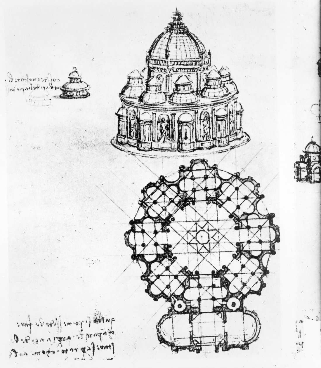 Detalj av en centraliserad kyrka, c.1488 penna & bläck och tvätta över svart krita av Leonardo da Vinci