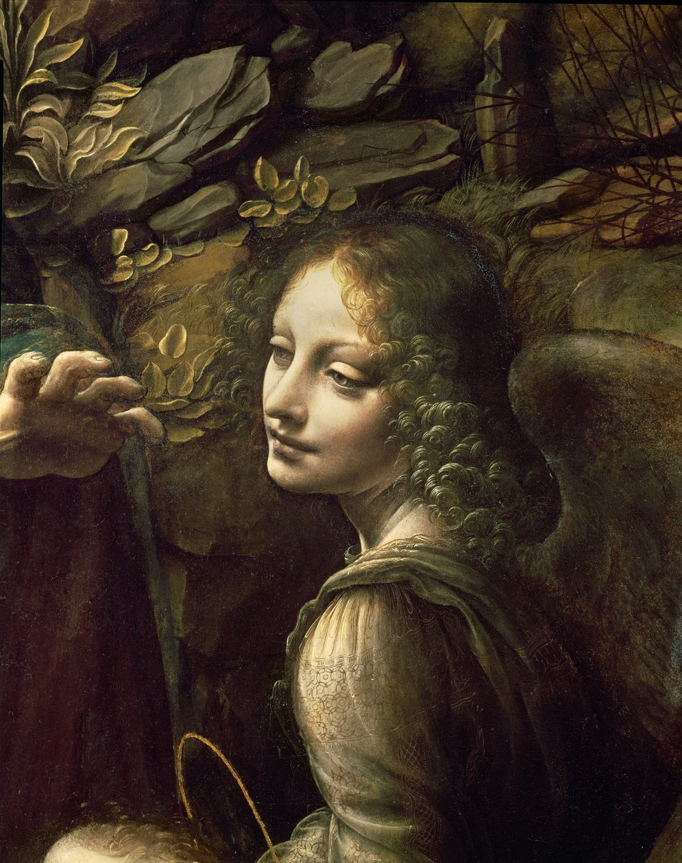 Detalj av ängeln, från The Virgin of the Rocks (Jungfrun med spädbarnet St. John avgudar spädbarnet Kristus åtföljd av en ängel), c.1508 av Leonardo da Vinci