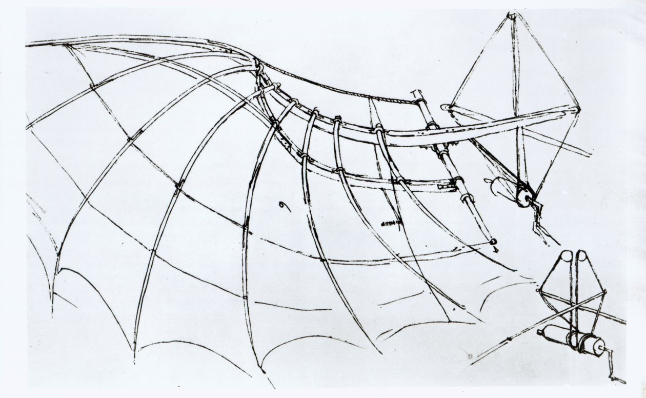 Diagram över en mekanisk vinge, manuskript B, 1488-89 av Leonardo da Vinci