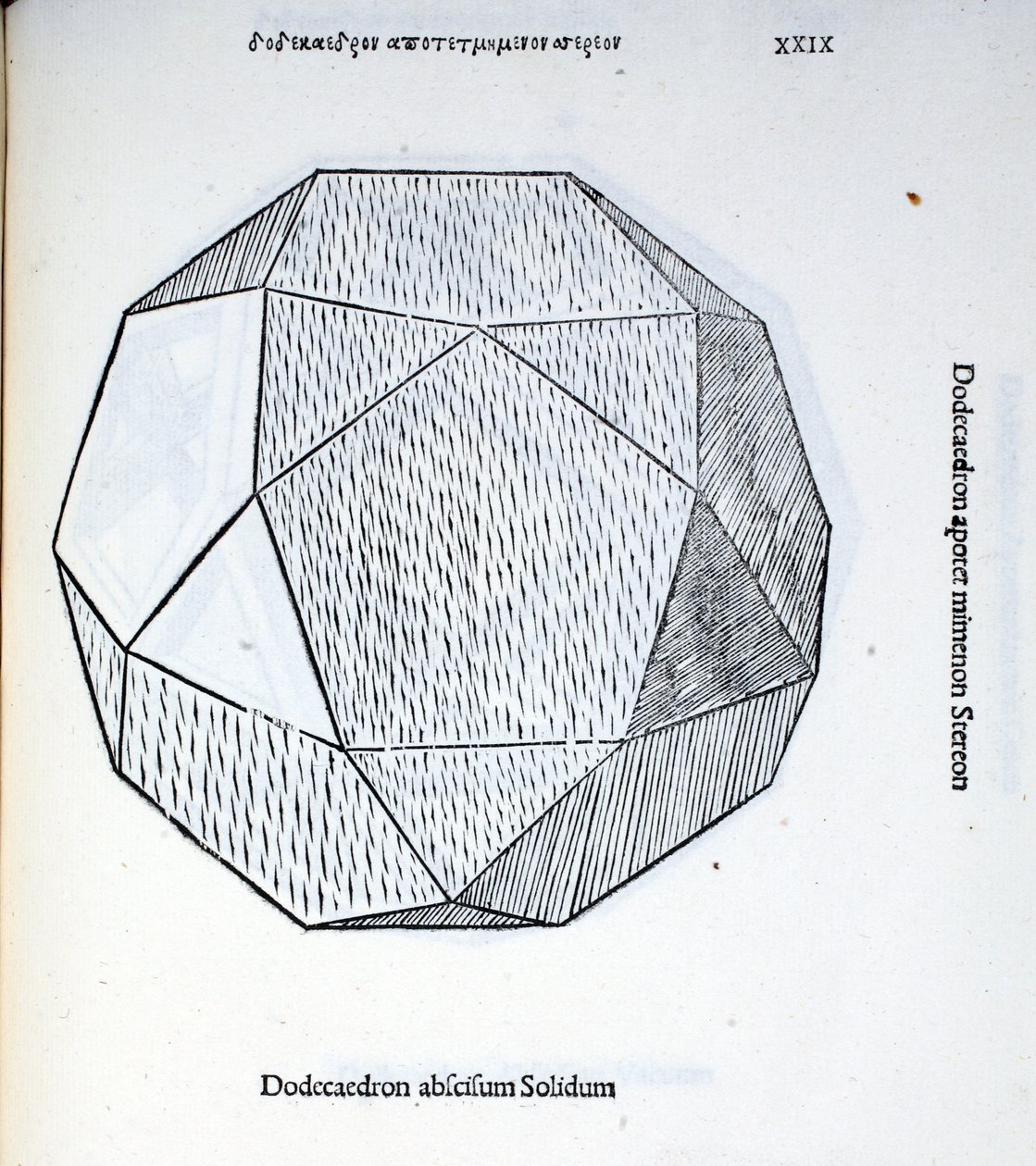 Dodecahedron avskuren solid, illustration från "Divine Proportion" av Luca Pacioli (c.1445-1517), ursprungligen pub. Venedig, 1509 av Leonardo da Vinci