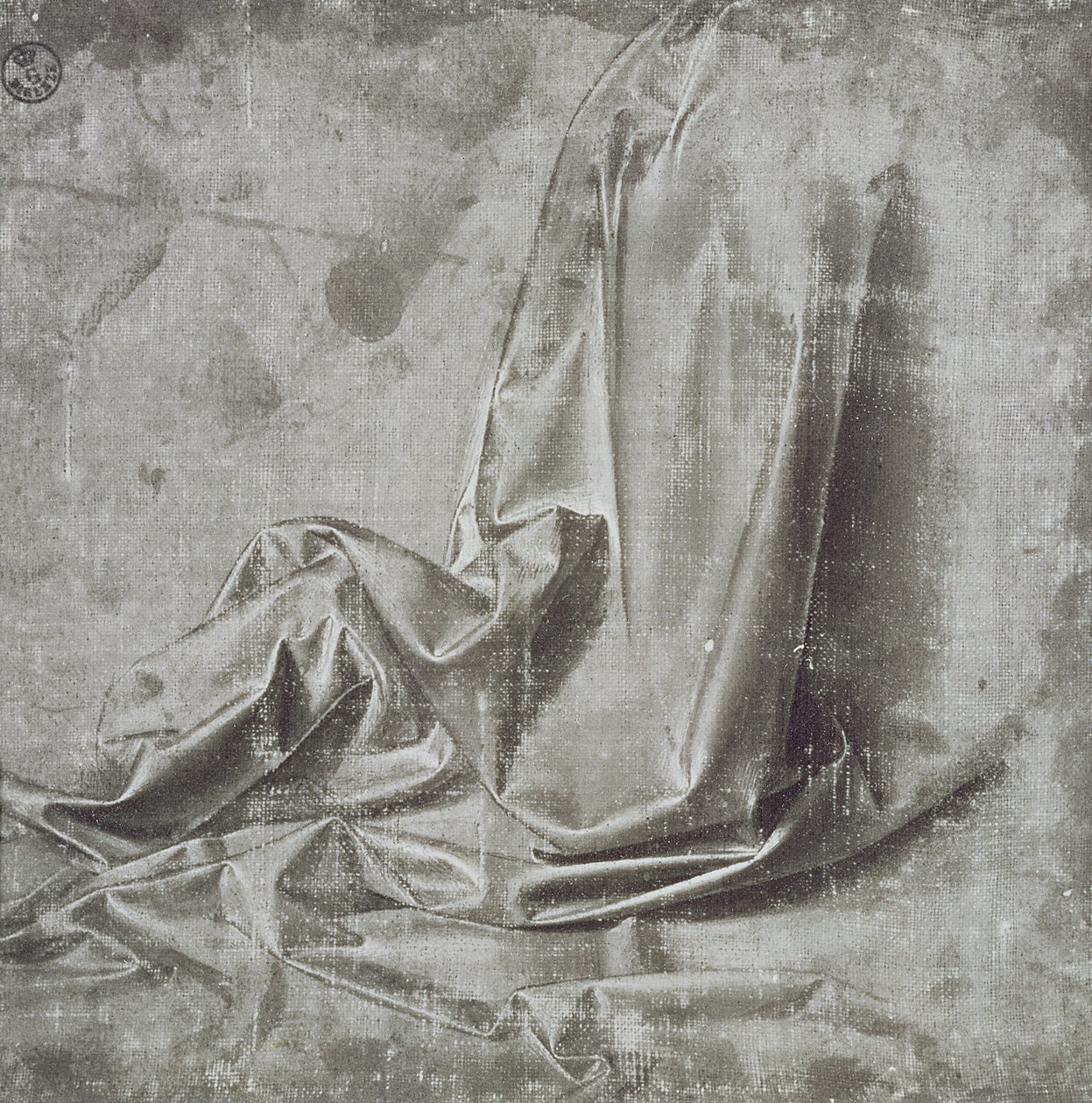 Draperiestudie för en knäböjande figur i Profil Perdu till höger, ca 1472-75 (pensel och grå tempera med vitt på duk) av Leonardo da Vinci
