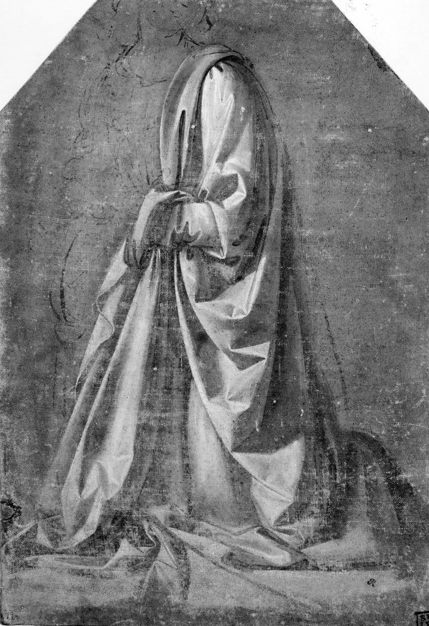 Draperiestudie för en knäböjande figur i trekvartsprofil till vänster, ca 1475 (tempera med vit förhöjning på duk) av Leonardo da Vinci