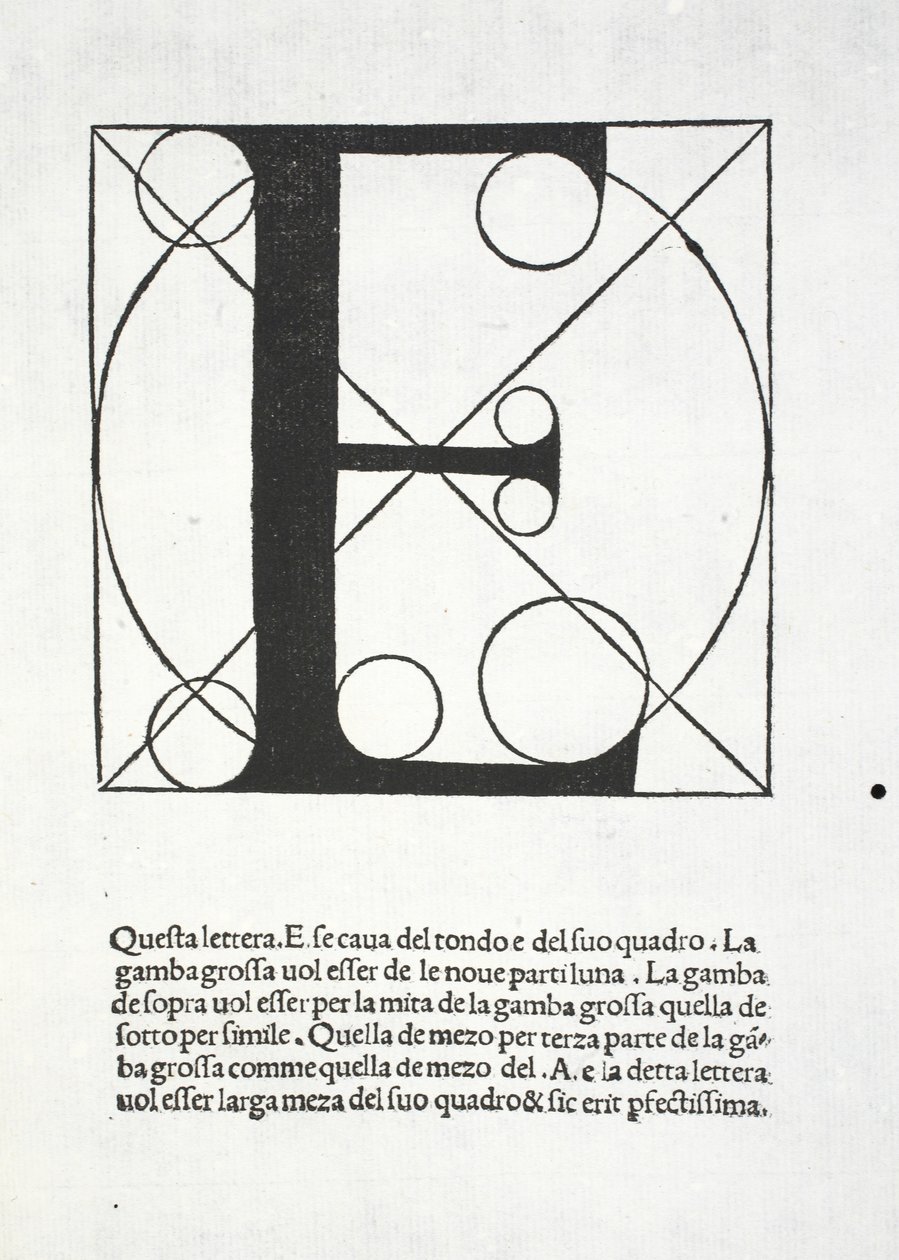 E, illustration från "Divina Proportione" av Luca Pacioli (c.1445-1517), ursprungligen pub. Venedig, 1509 av Leonardo da Vinci
