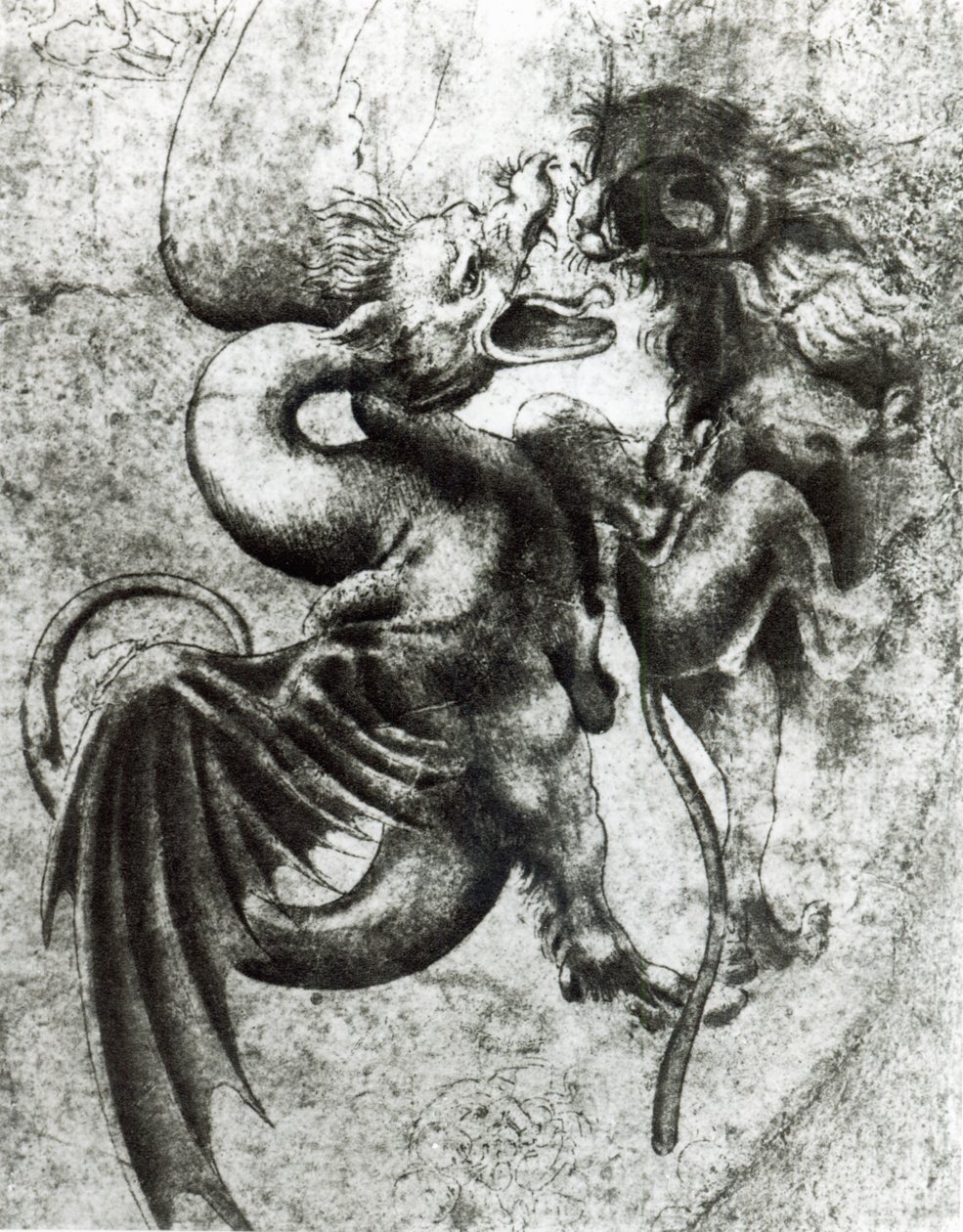 Kamp mellan en drake och ett lejon (brunt bläck med tvätt på papper) av Leonardo da Vinci