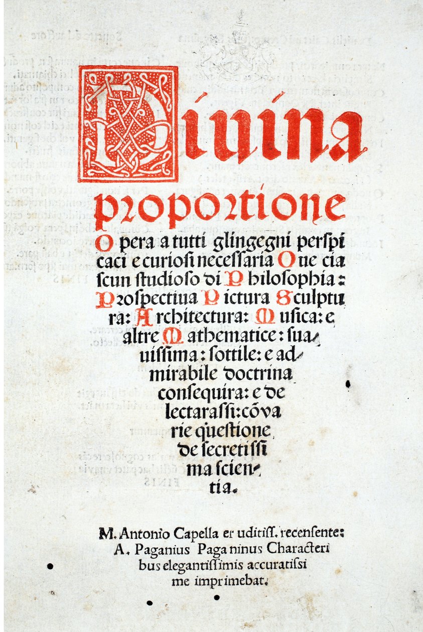 Frontispice, från "Divina Proportione" av Luca Pacioli (ca 1445-1517), ursprungligen pub. Venedig, 1509 av Leonardo da Vinci