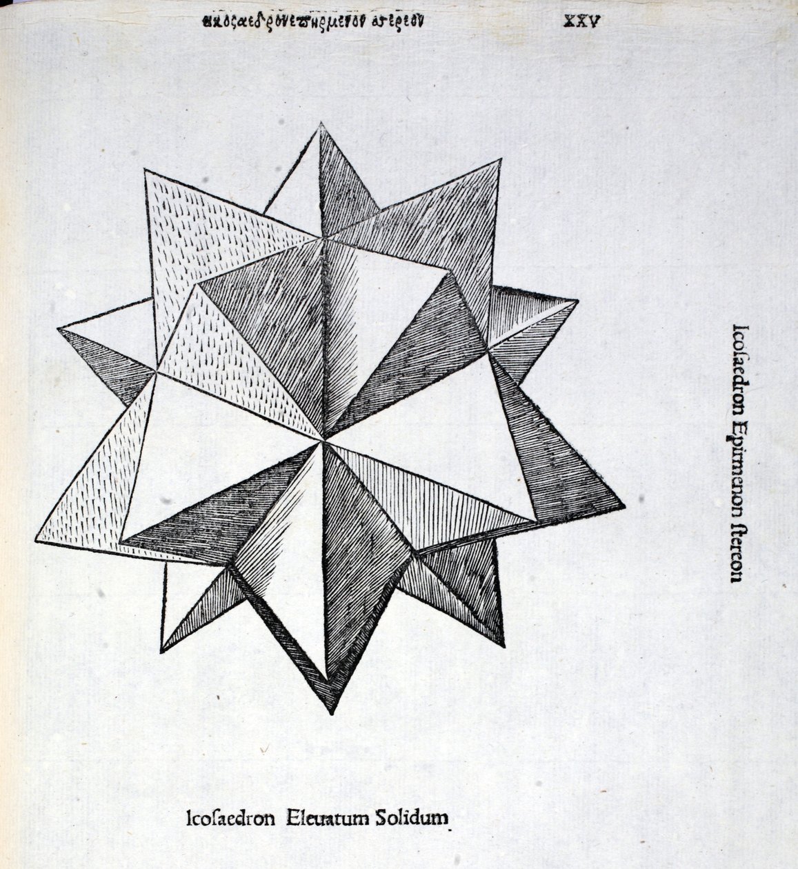 Icosaedron förhöjd solidus, illustration från "Divine Proportion" av Luca Pacioli (ca 1445-1517), ursprungligen pub. Venedig, 1509 av Leonardo da Vinci