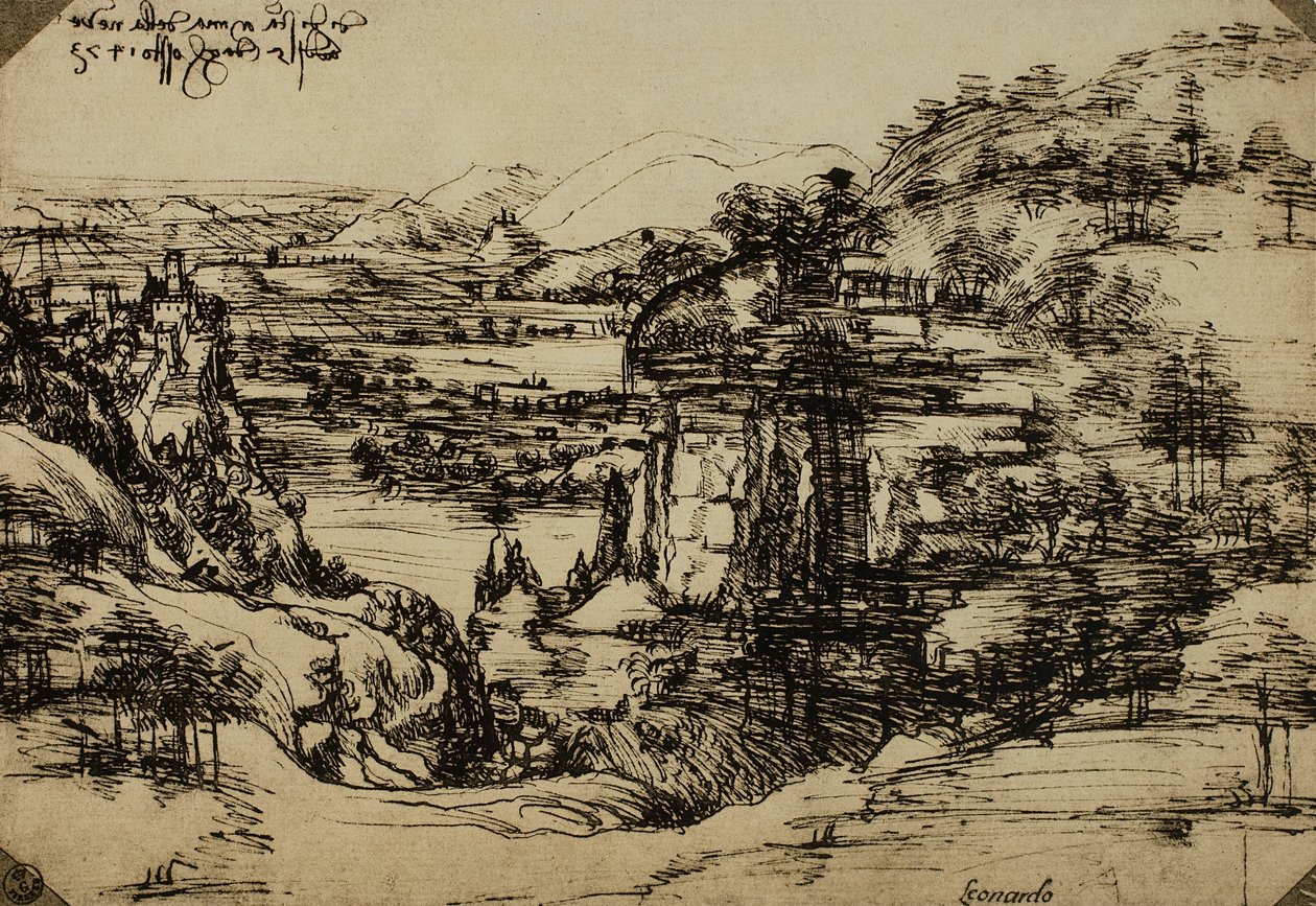 Landskap i Arnodalen, penna på papper, Leonardo da Vinci (1452-1519), Tecknings- och tryckkabinett, Uffizierna, Florens av Leonardo da Vinci